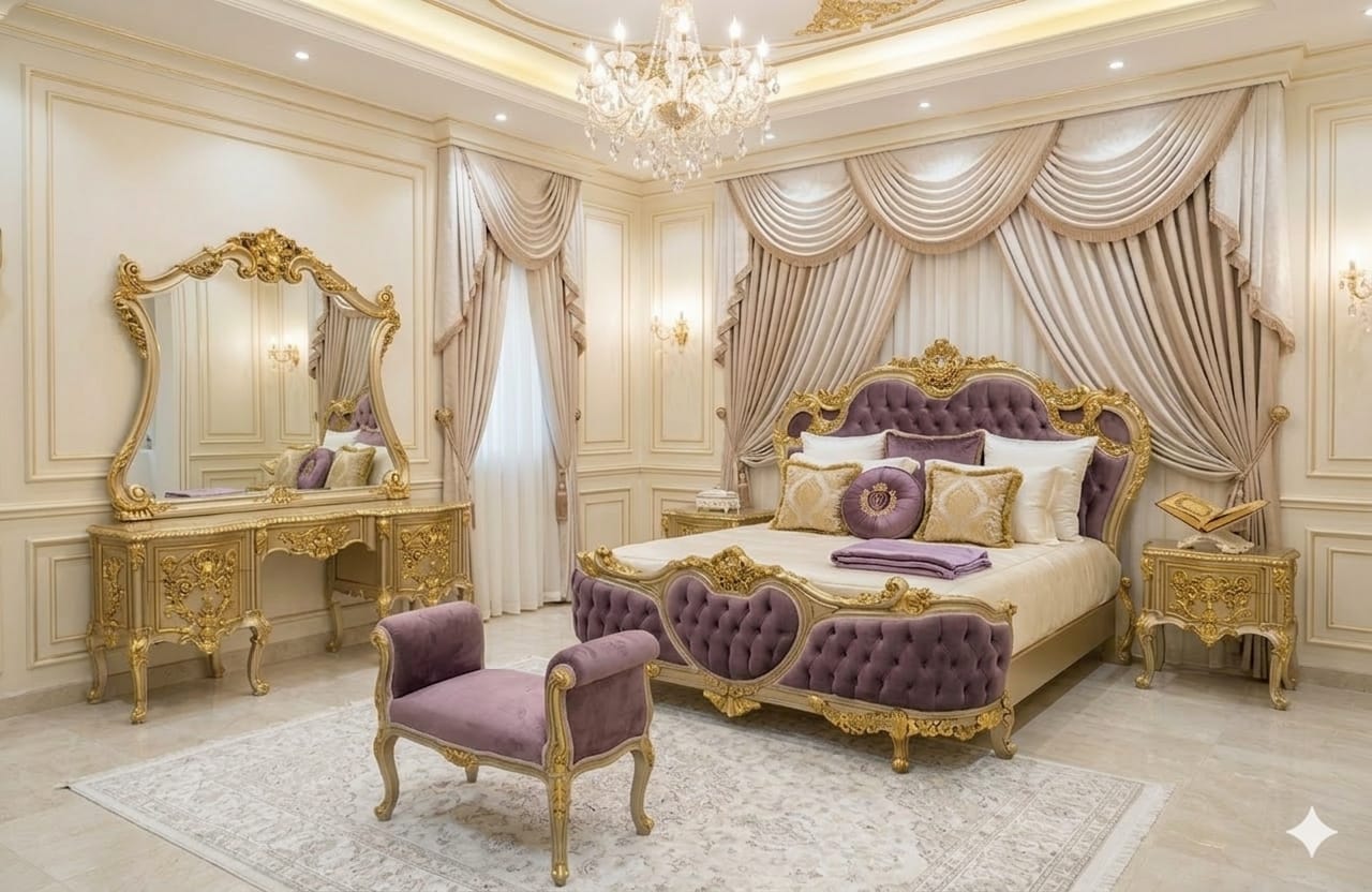 Imperial Gold & Mauve Velvet Bedroom Set – 24K Gold Leaf Finish Hand-Carved Royal Master Suite