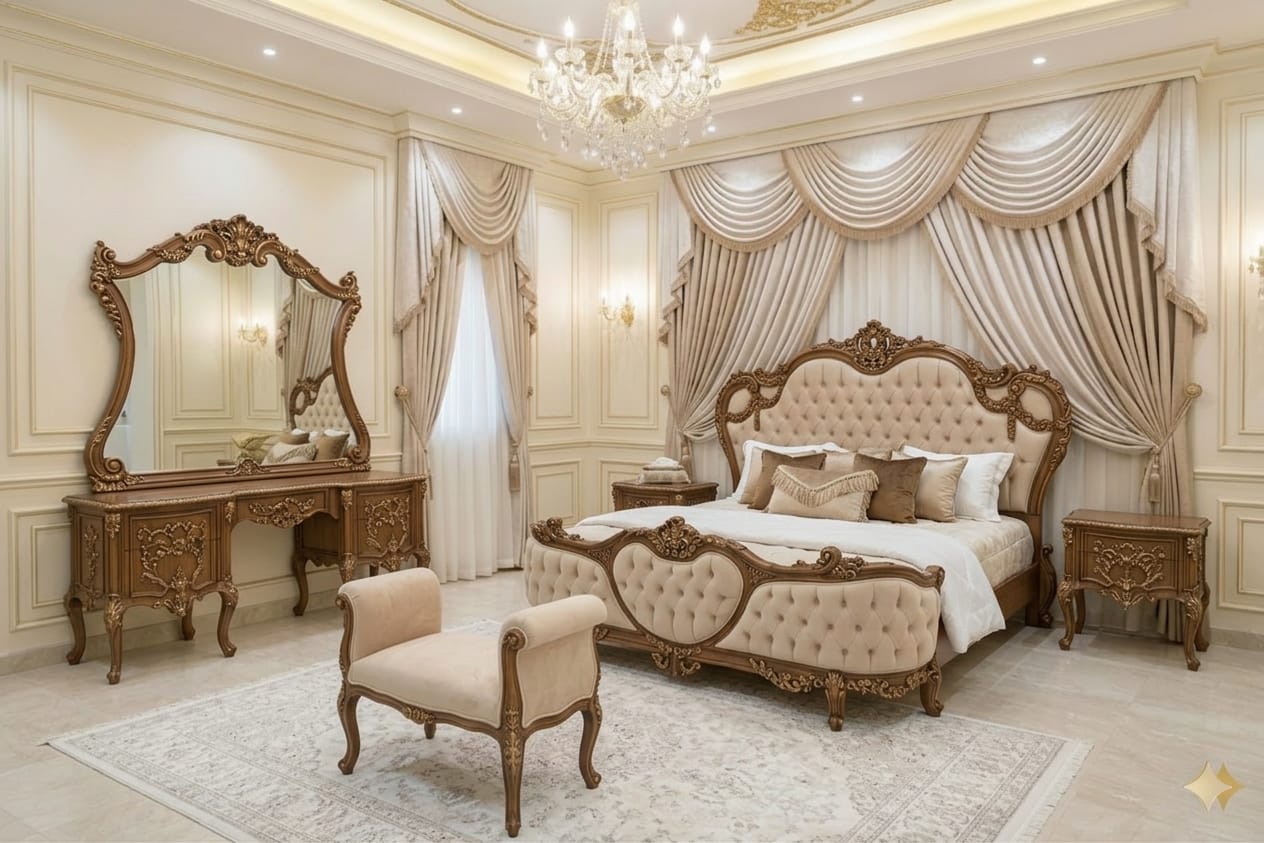 Antique Walnut Royal Bedroom Set – Baroque Hand-Carved Solid Wood Master Collection