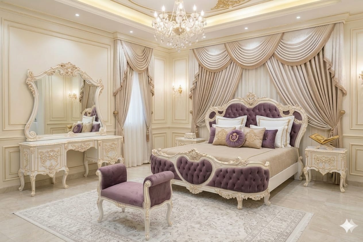 Royal Mauve Velvet Bedroom Set – Luxury Off-White & Gold Hand-Carved Baroque Collection