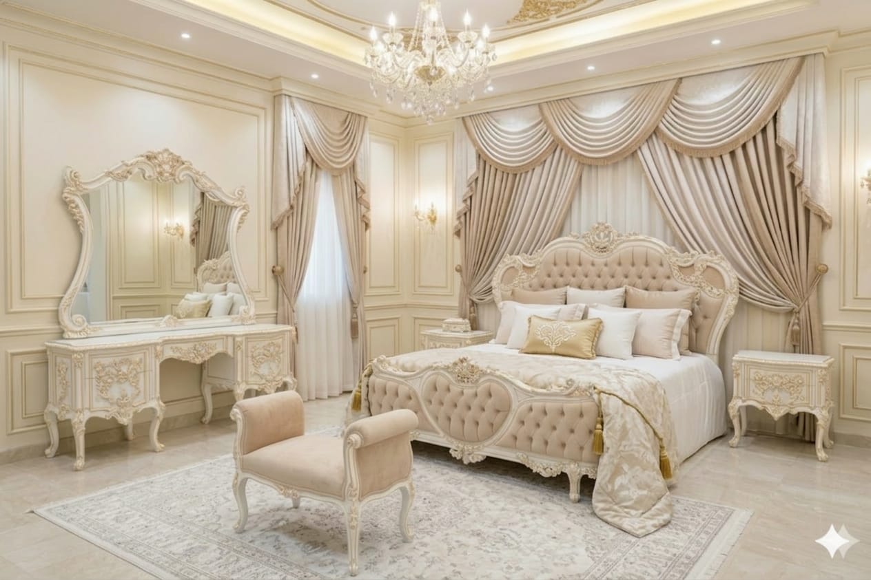 Luxury Royal Victorian Style Bedroom Set – Premium Off-White & Gold Finish