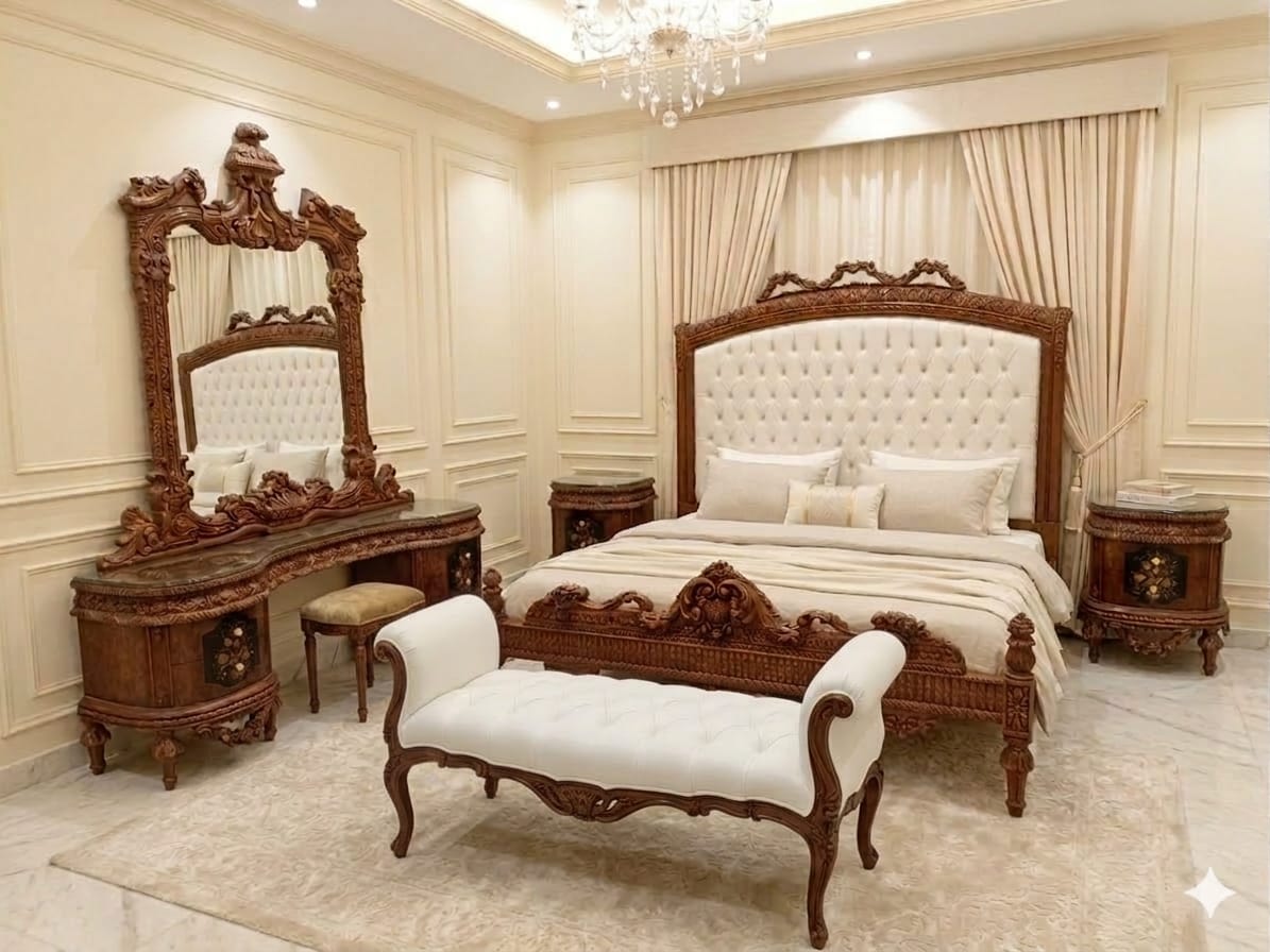 Royal Walnut & Ivory Hand-Carved Victorian Bedroom Suite
