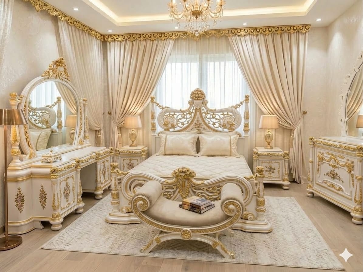 Elite Pearl & Gold Filigree Victorian Bedroom Suite