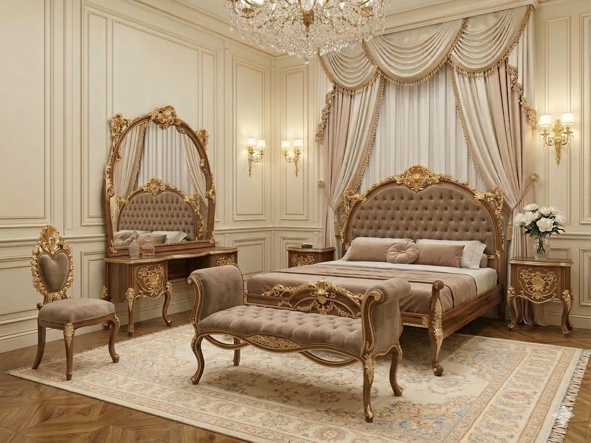 Royal Heritage Walnut & Mocha Velvet Master Suite