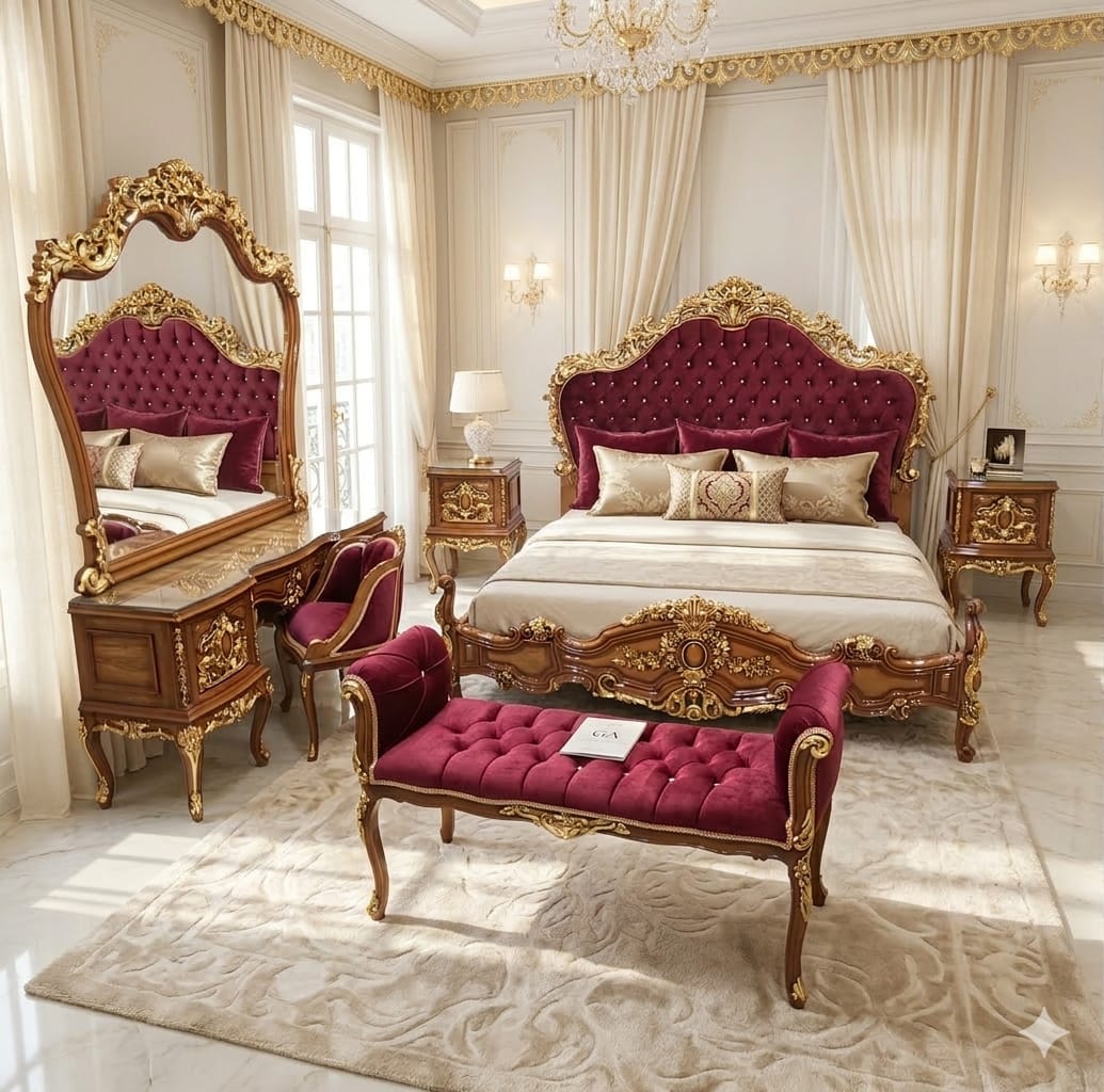 Heritage Crimson & Walnut Baroque Master Suite | Sovereign Wood Edition