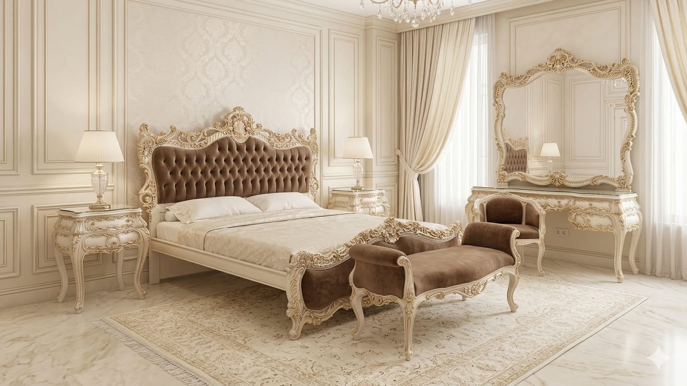 Majestic Mocha & Cream Baroque Master Suite | Royal Gilded Collection