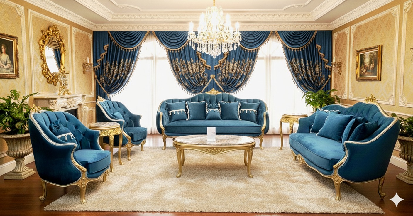 Luxury Deep Teal Velvet Sofa Set with Elegant Gold Trim