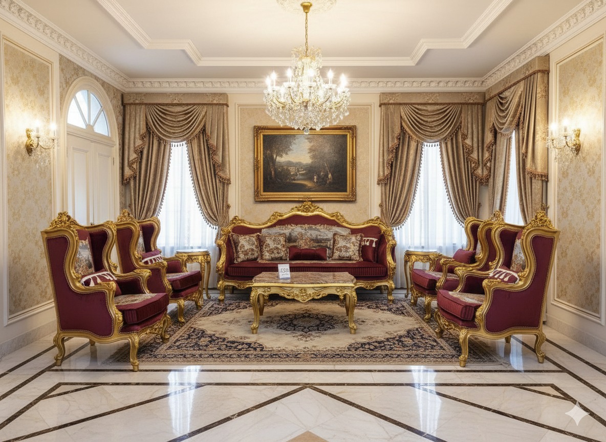 Majestic Burgundy Velvet & Gold Gilded Victorian Sofa Set