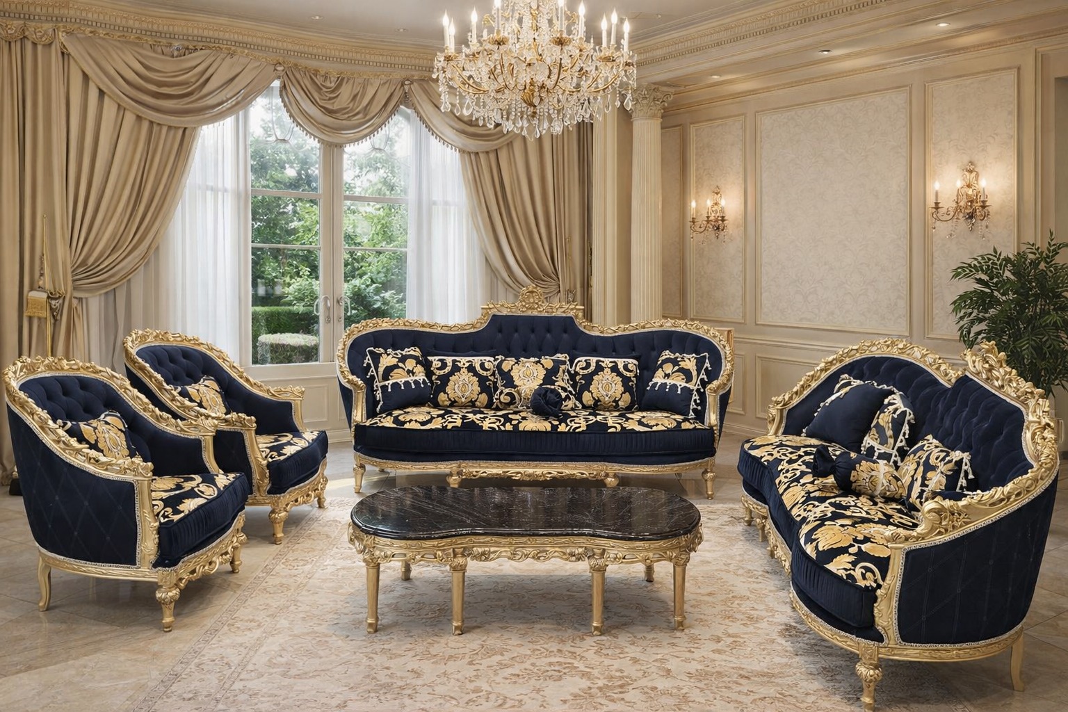 Midnight Blue Velvet Baroque Sofa Set with Intricate Gold Brocade