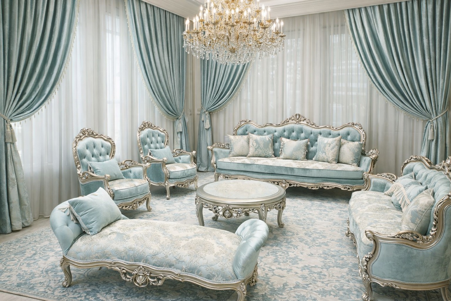 Elegant Sky Blue & Silver Carved Sofa Set with Matching Chaise Longue