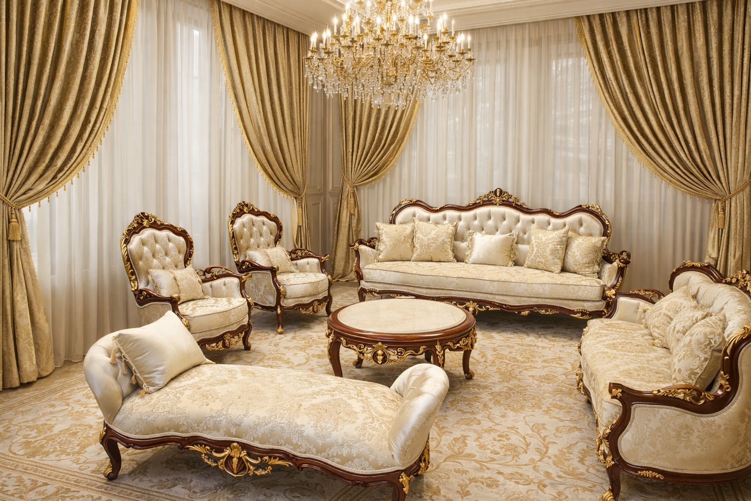 Antique Mahogany & Gold Sofa Set with Cream Damask Upholstery