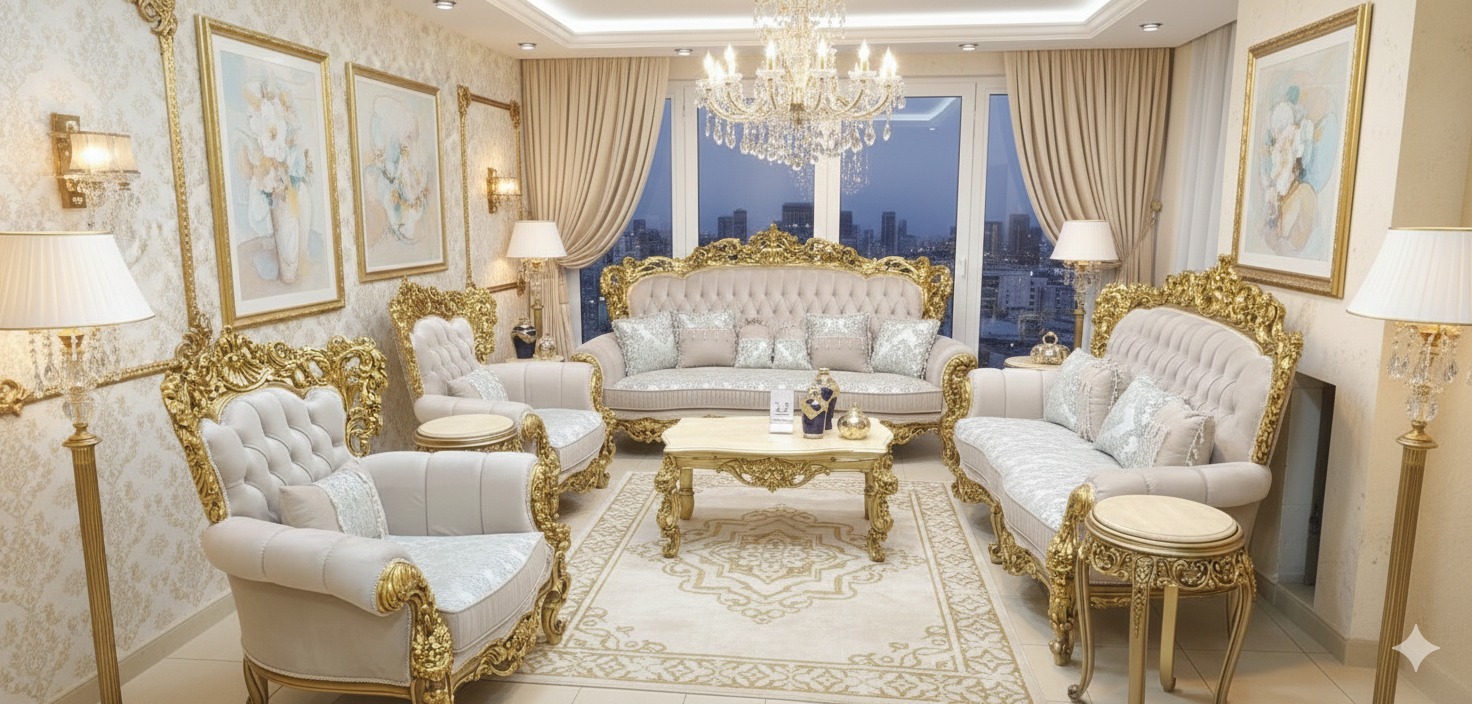 Elegant Sky Blue & Silver Carved Sofa Set with Matching Chaise Longue