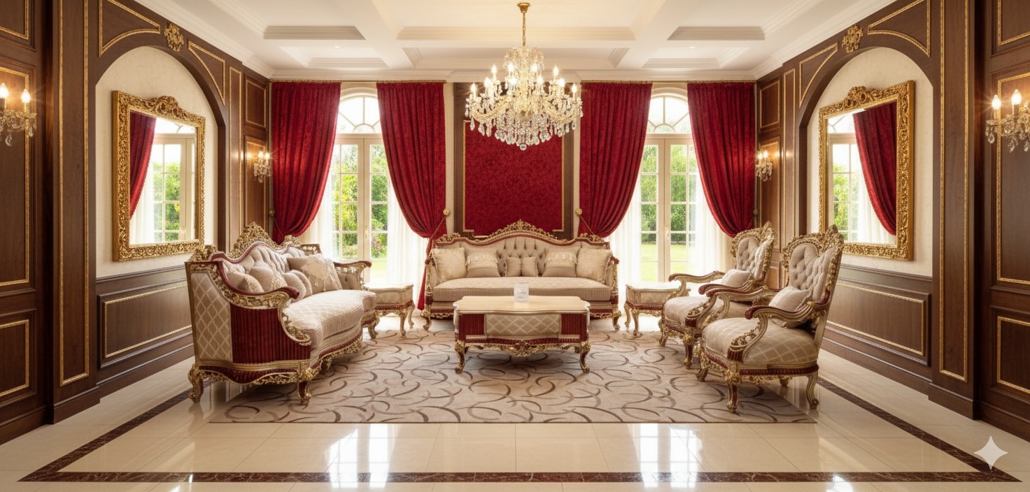 Classic Champagne & Gold Luxury Sofa Set for Formal Drawing Rooms