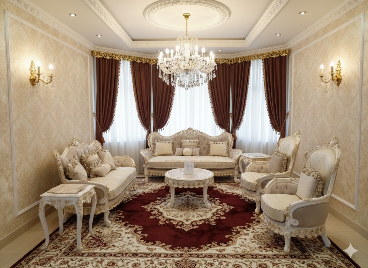 Grand Ivory & Gold Curved Sofa Set with Marble Top Center Table
