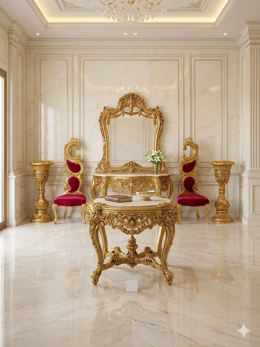 Traditional Antique Console Table, Mirror & Chair