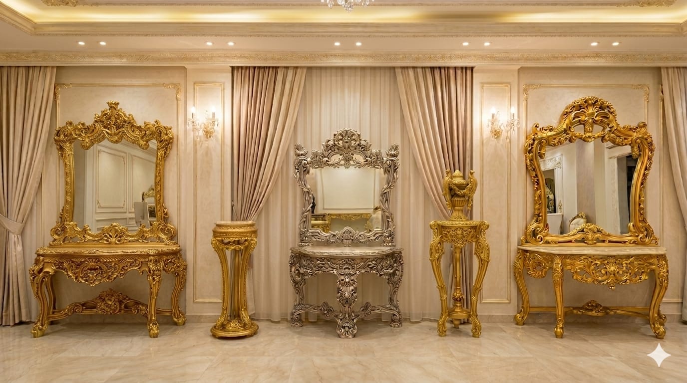 Antique Baroque Vanity Console Mirror  Set
