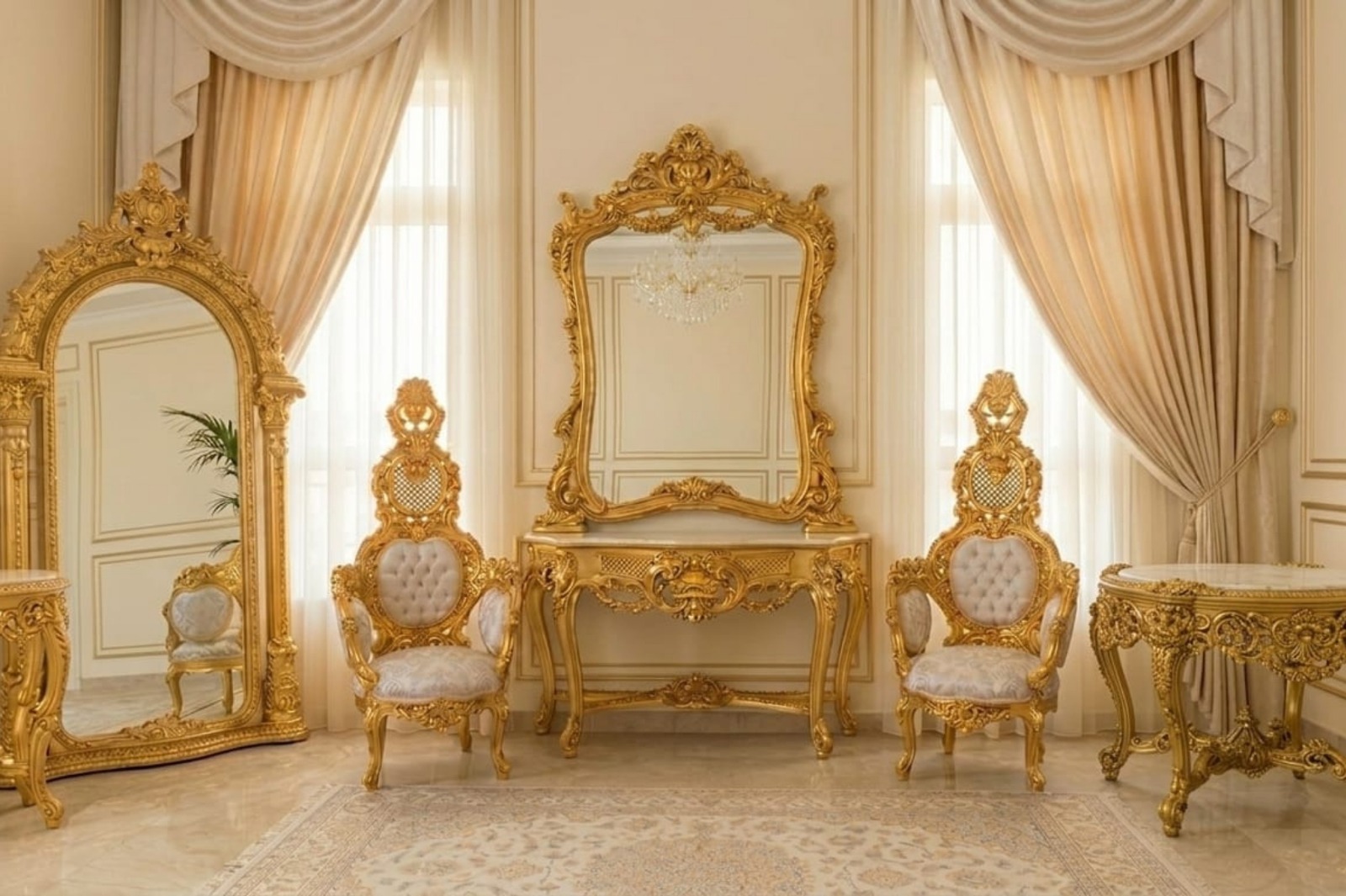 Traditional Antique Console Table, Mirror & Chair
