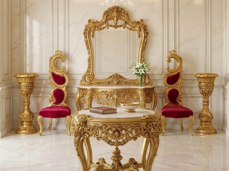 Traditional Antique Console Table, Mirror & Chair