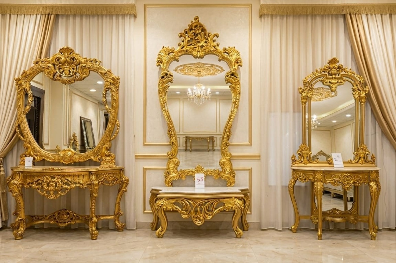 Antique Baroque Vanity Mirror Console Set