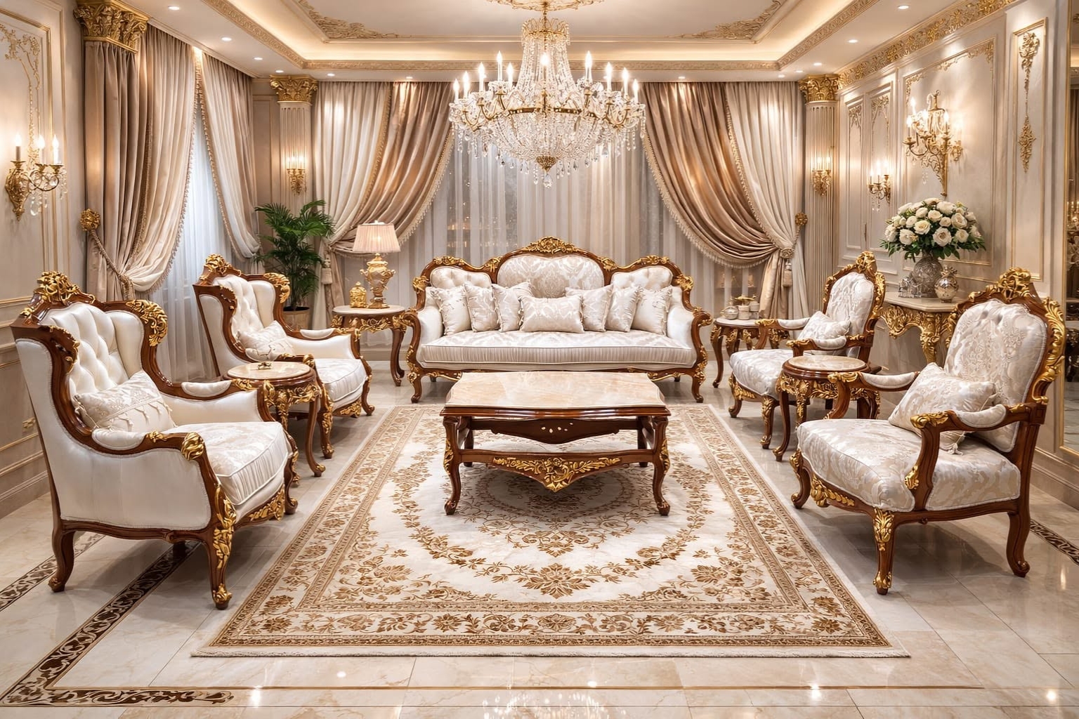 Luxury White & Gold Classic Royal Living Room Furniture Set