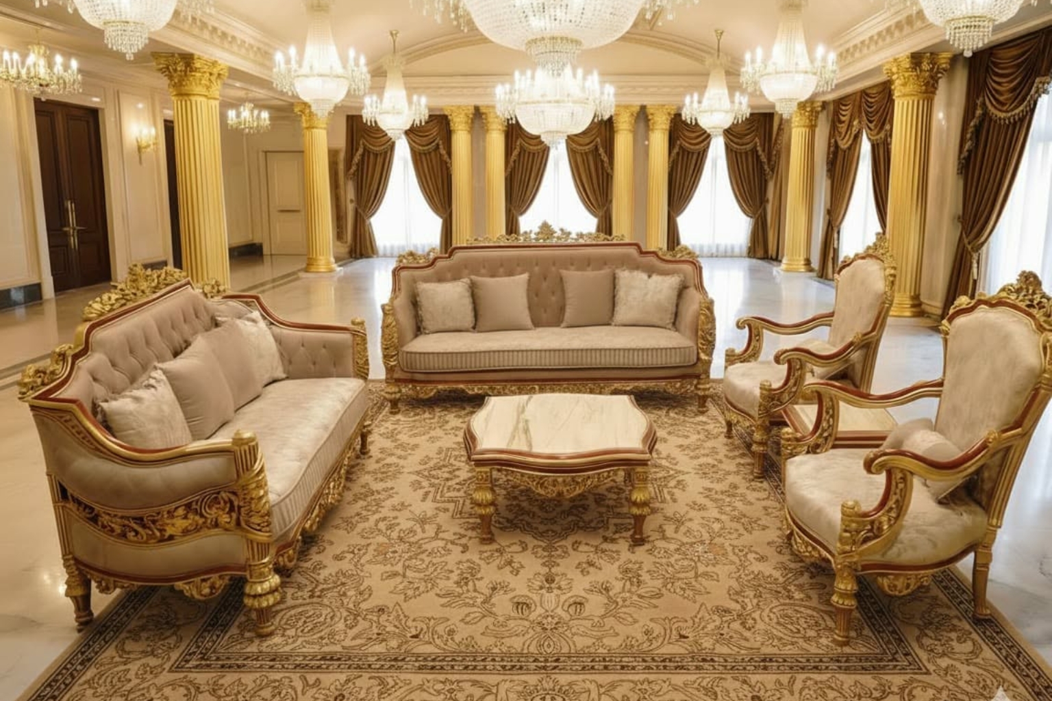 Luxury Beige & Gold Classic Royal Living Room Furniture Set