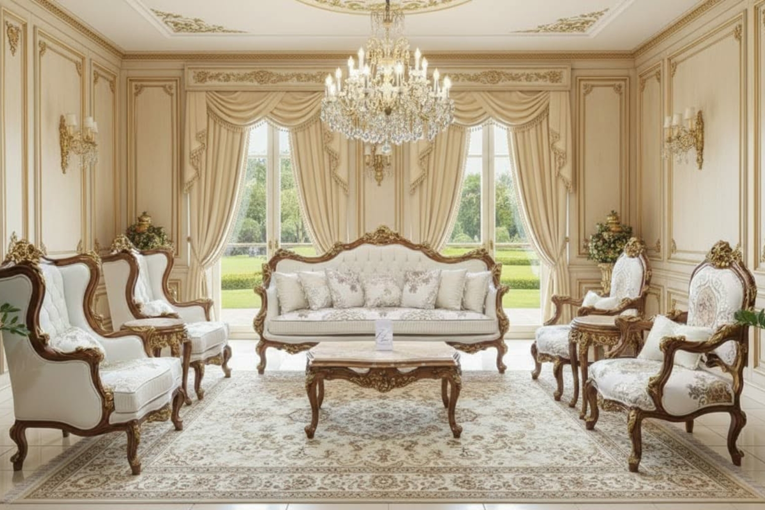 Elegant White & Gold Royal Living Room Furniture Set