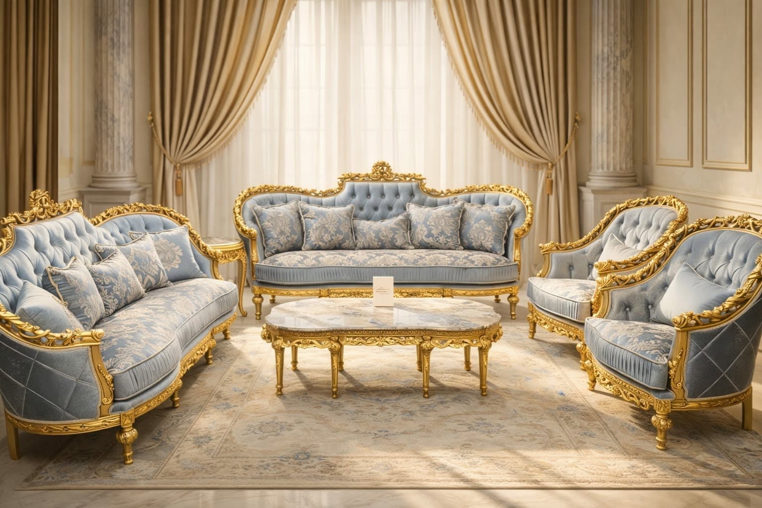 Luxury Blue & Gold Royal Living Room Furniture Set