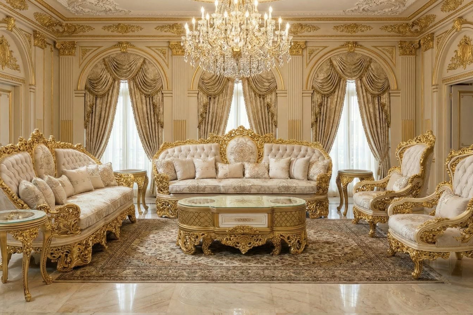 Grand Gold-Leaf Baroque Living Room Furniture Set | Classic Luxury