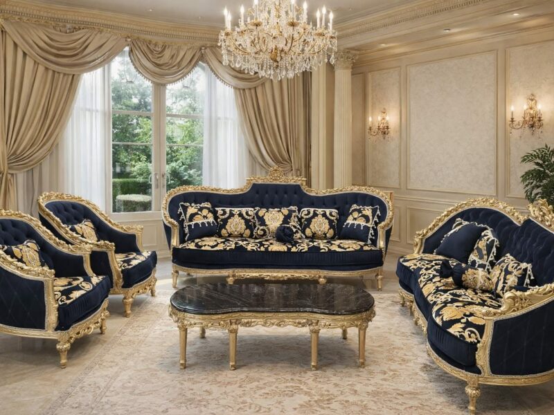 Royal Blue & Gold Baroque Living Room Sofa Set