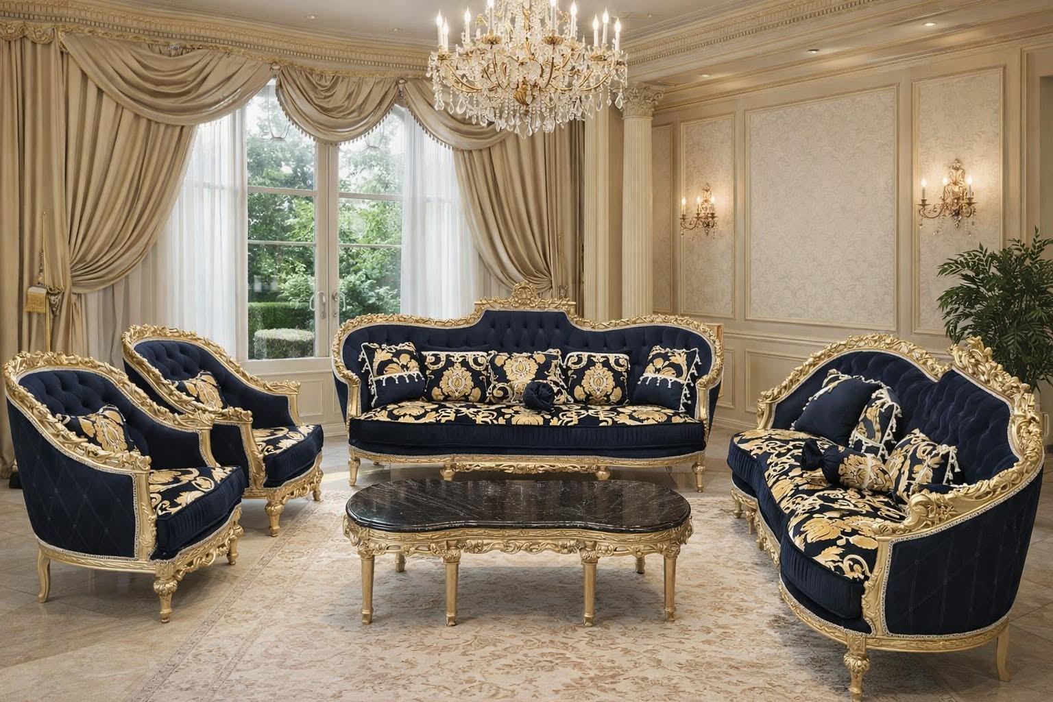 Royal Blue & Gold Baroque Living Room Sofa Set