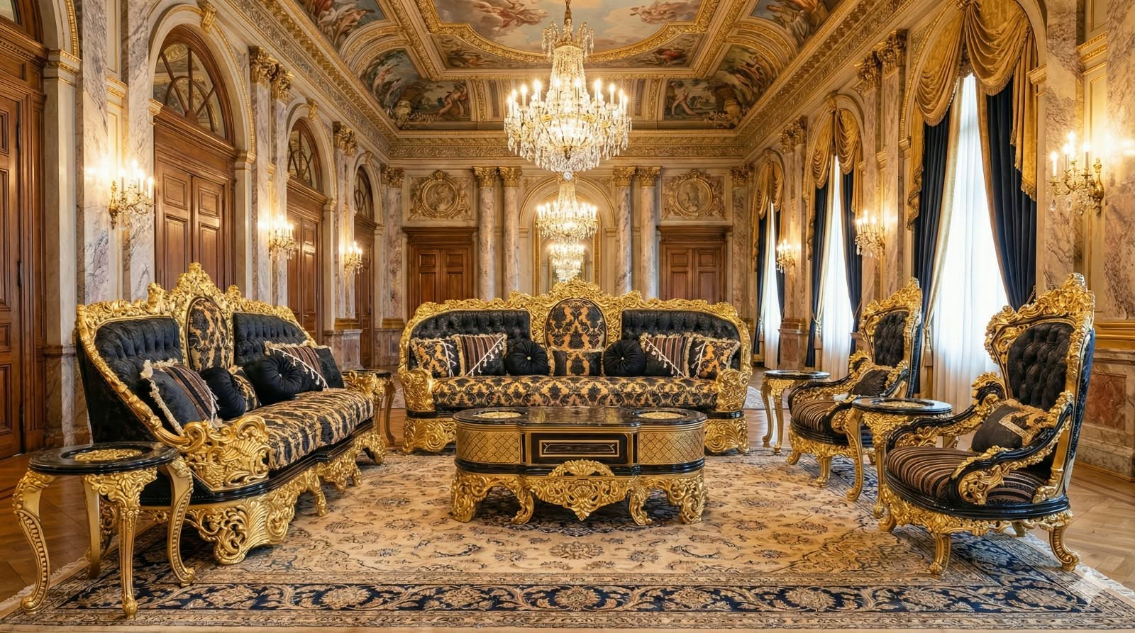 Royal Black & Gold Baroque Living Room Sofa Set