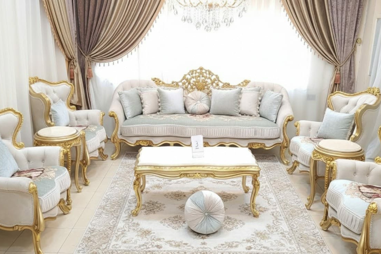 Classic French Baroque Living Room Sofa Set | Cream & Gold