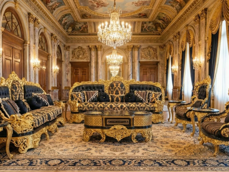 Royal Black & Gold Baroque Living Room Sofa Set