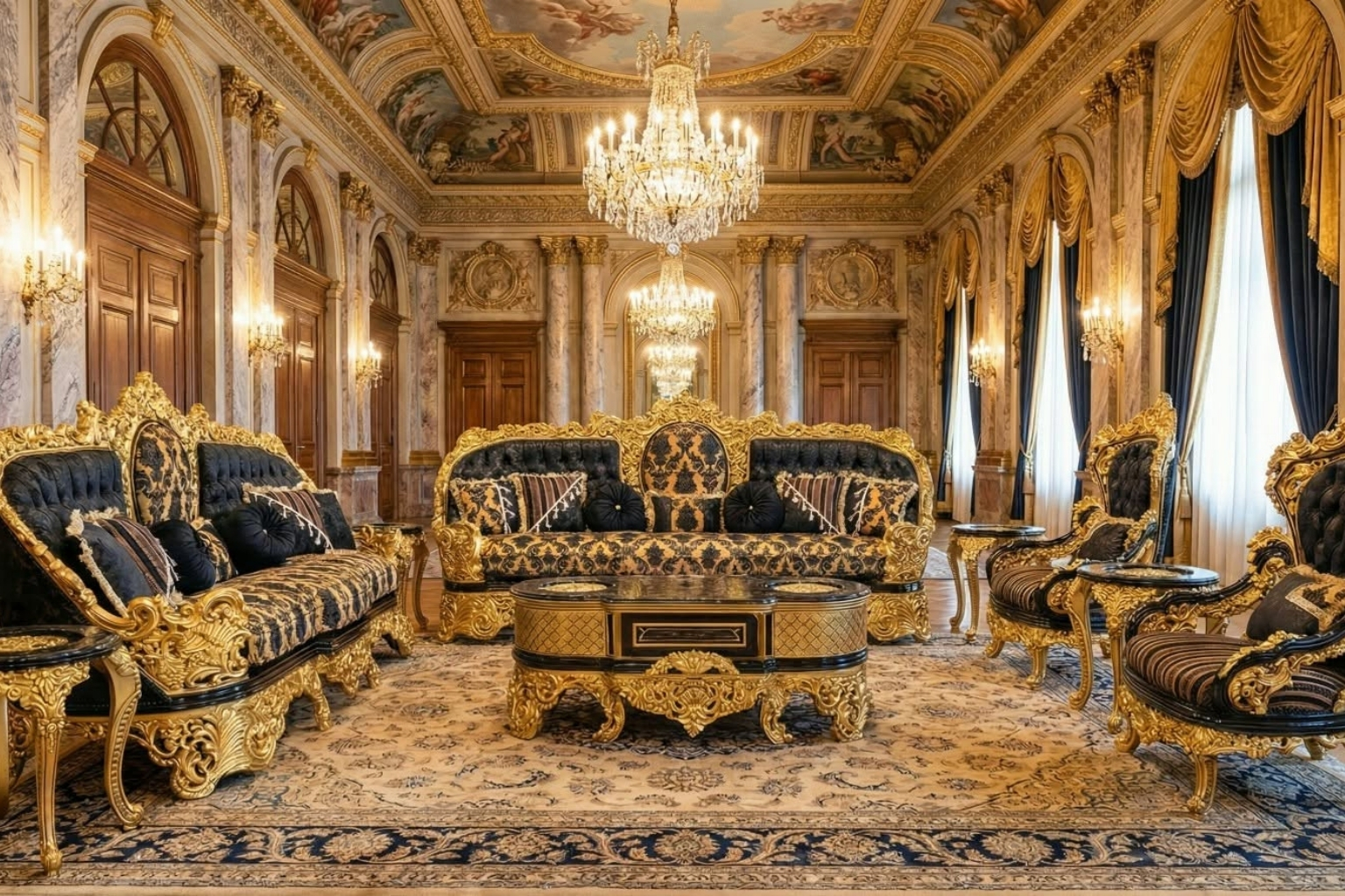 Royal Black & Gold Baroque Living Room Sofa Set
