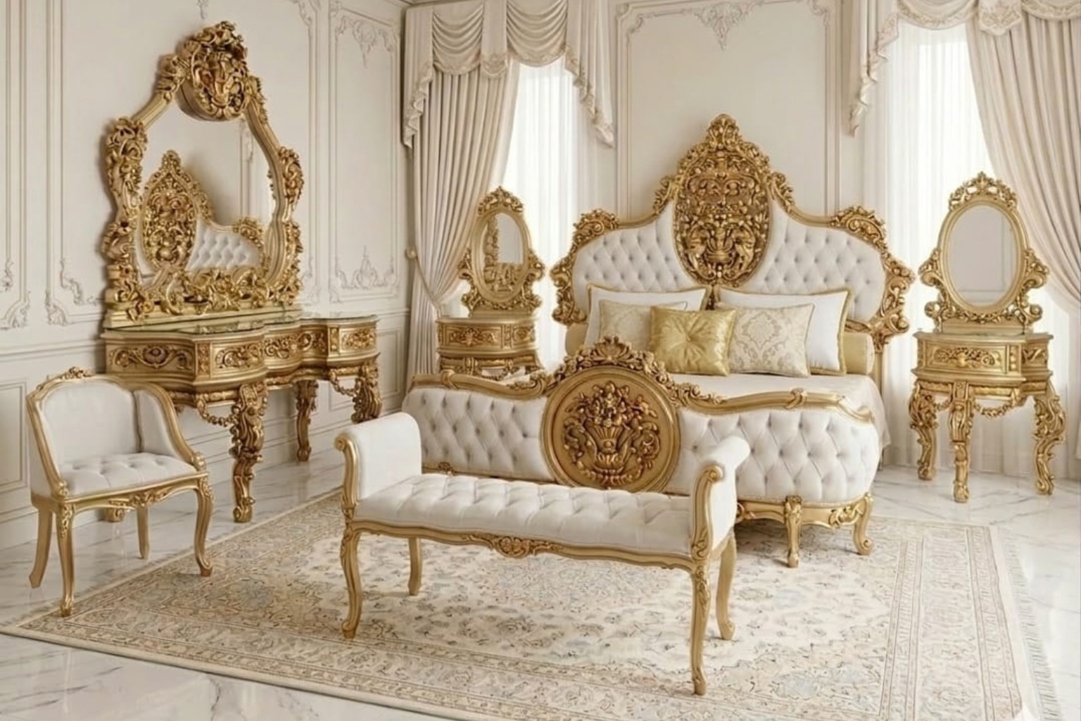 Luxury White & Gold Royal Bedroom Set | Classic Elegant Bedroom Furniture