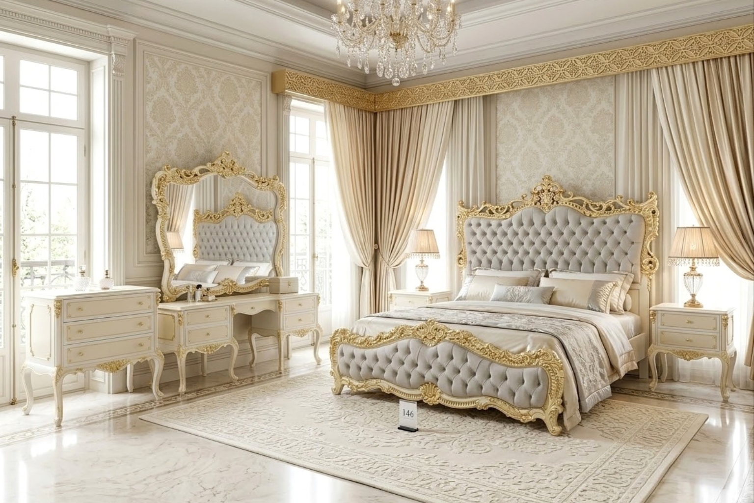 French Rococo Cream and Gold Master Bedroom Set | Luxury Tufted Grey Velvet Suite