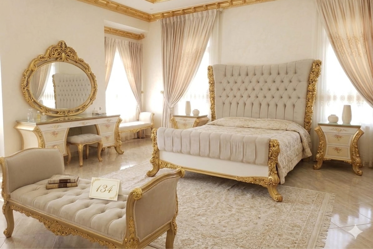 Luxury Cream & Gold Tufted Bedroom Set | Royal Classic Bedroom Furniture