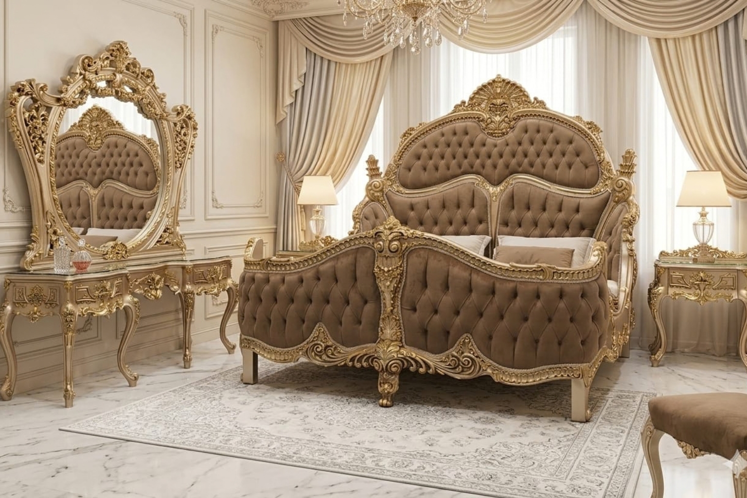 Champagne Gold Baroque Master Bedroom Set | Luxury Taupe Velvet Furniture