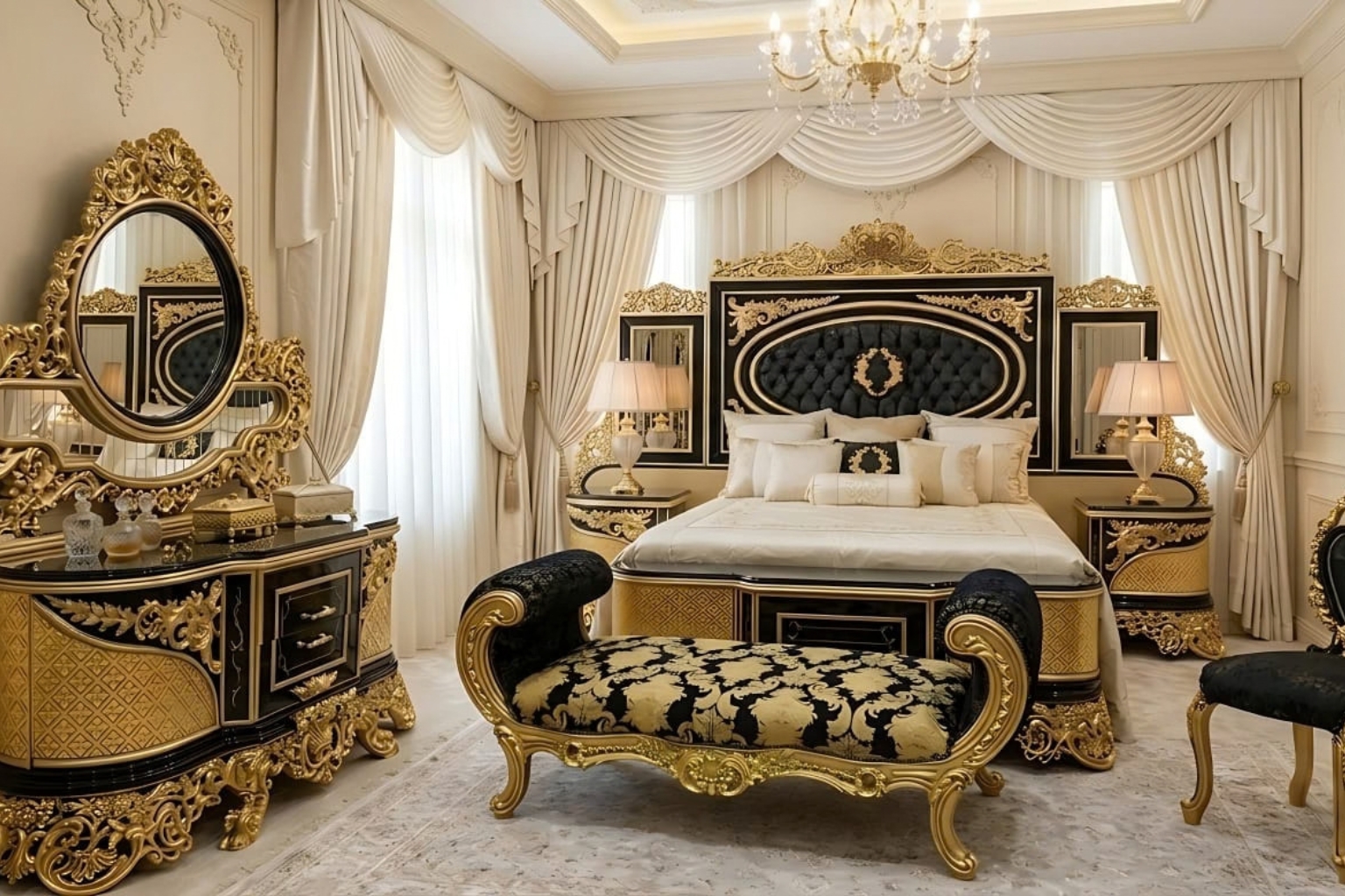 Royal Black and Gold Baroque Master Bedroom Set | Luxury Palace Furniture
