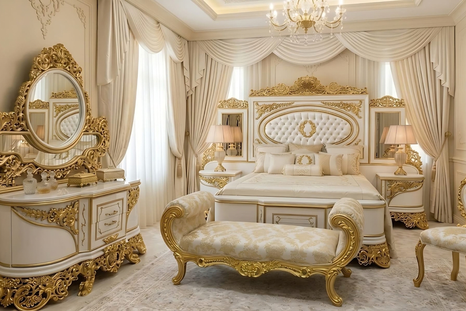 Royal Ivory and Gold Baroque Master Bedroom Set | Luxury White Palace Furniture