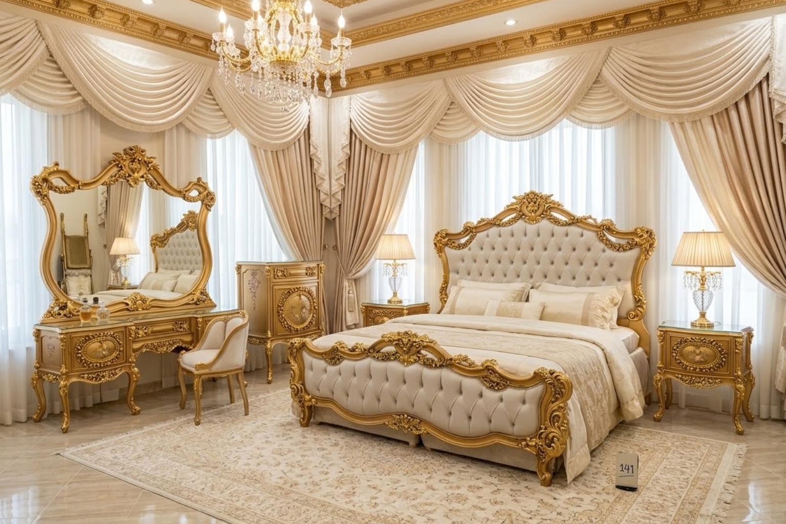 Imperial Gold Baroque Master Bedroom Set | Luxury Tufted Cream Leather Furniture
