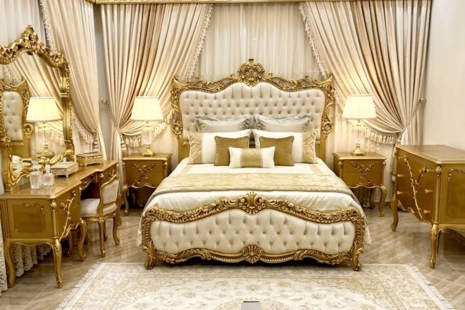 Classic Royal Gold Baroque Master Bedroom Set | Luxury Tufted Cream Settee Suite